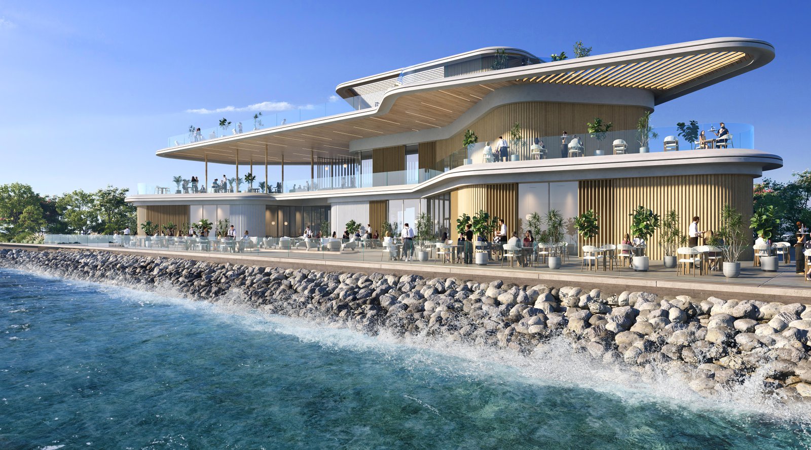 Modern architecture of Sha Residences Emirates Island residences surrounded by lush greenery and crystal-clear waters